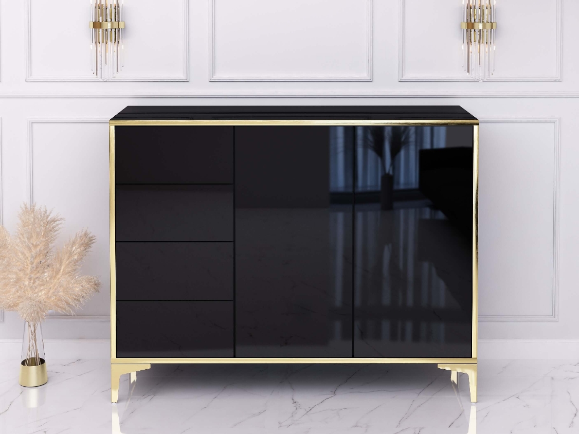 Cassettiera Monako 118cm Nero con gambe dorate