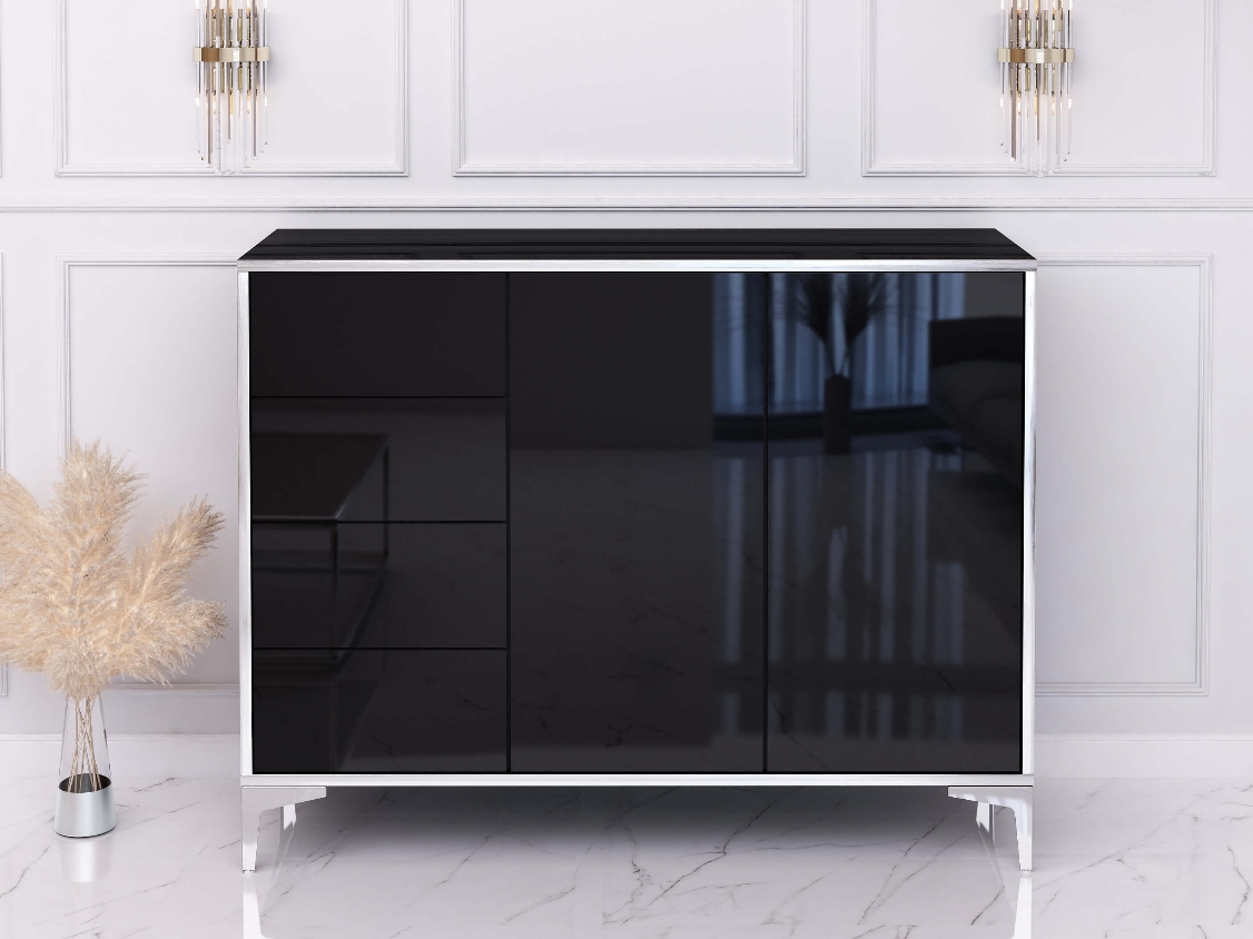 Cassettiera Monako 118cm Nero lucido con gambe argentate