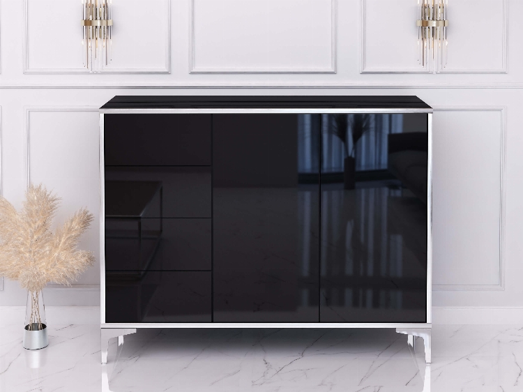 Cassettiera Monako 118cm Nero lucido con gambe argentate