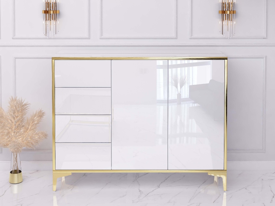Cassettiera Monako 118cm Bianco lucido con gambe dorate