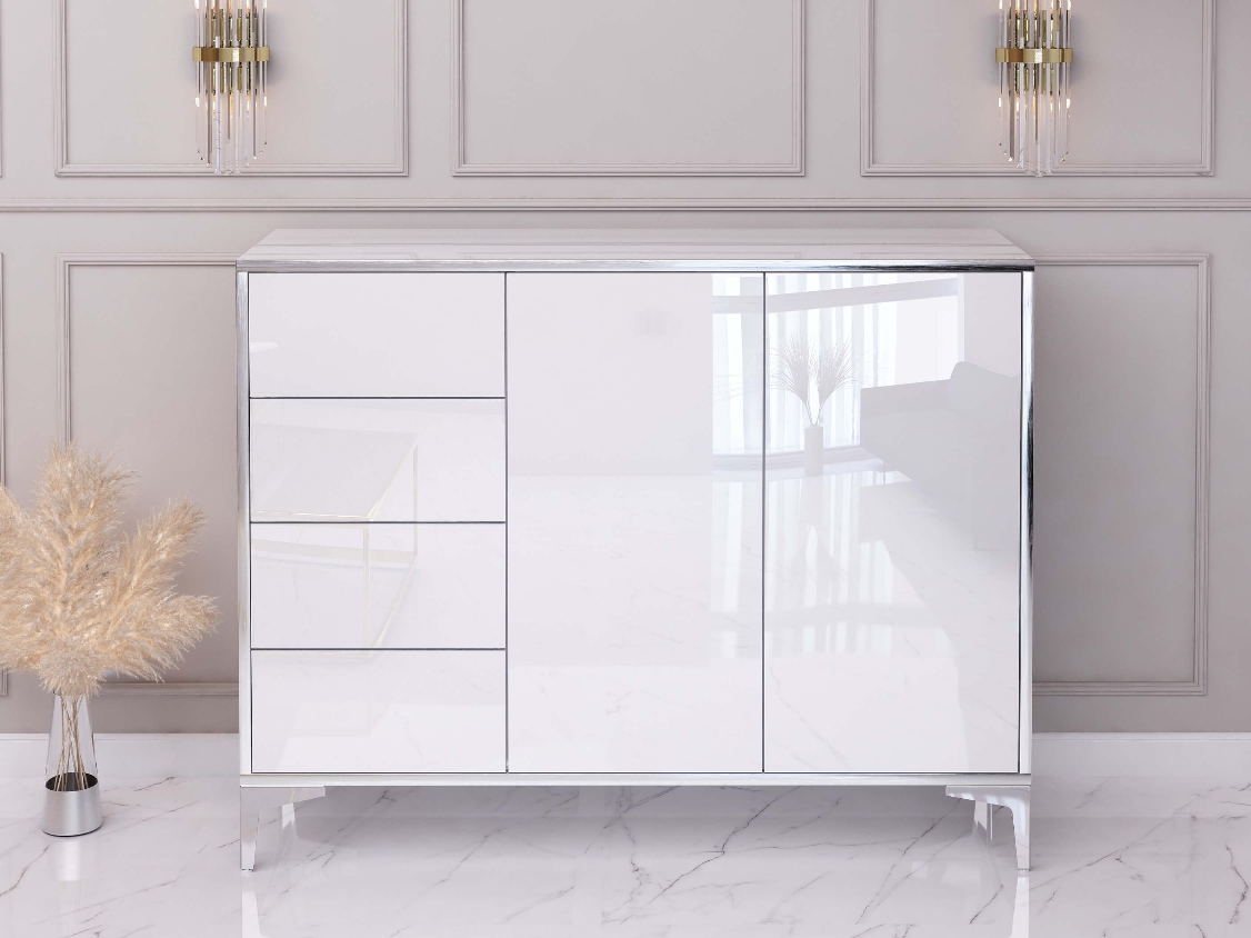 Cassettiera Monako 118cm Bianco lucido con gambe argentate