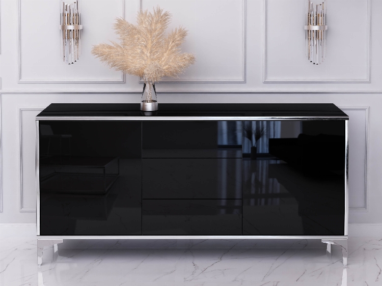 Cassettiera Monako 154cm Nero lucido con gambe argentate