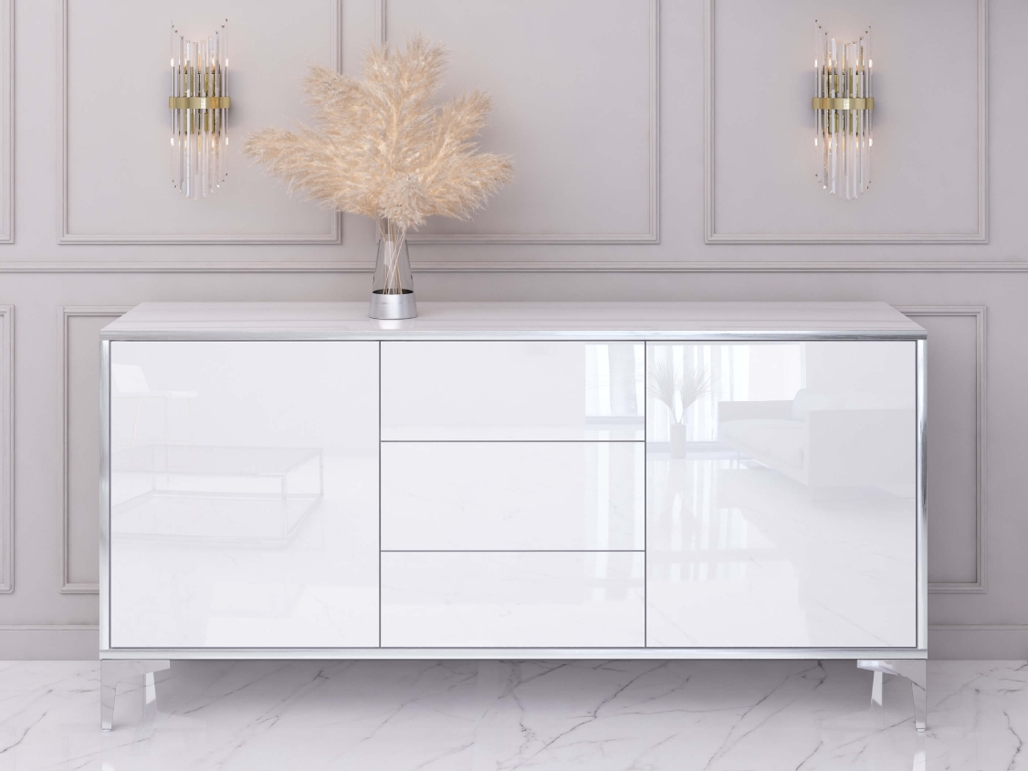 Cassettiera Monako 154cm Bianco lucido con gambe argentate