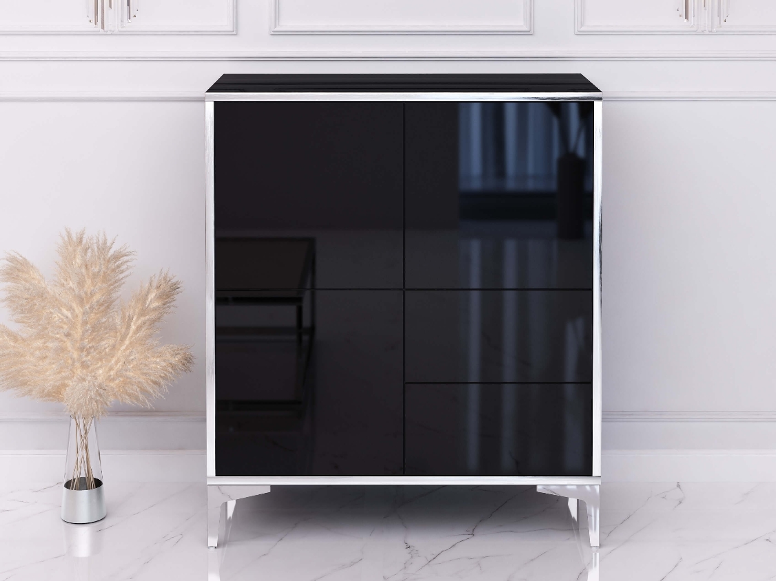 Cassettiera Monako 80cm Nero lucido con gambe argentate