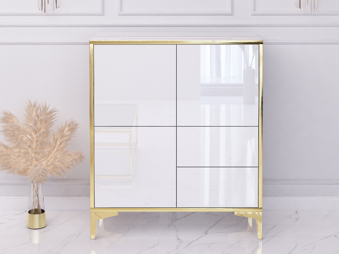 Cassettiera Monako 80cm Bianco lucido con gambe dorate