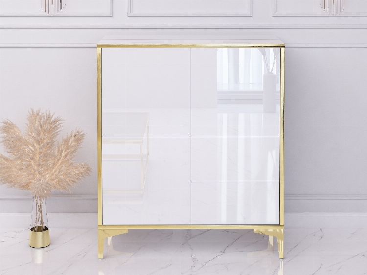 Cassettiera Monako 80cm Bianco lucido con gambe dorate