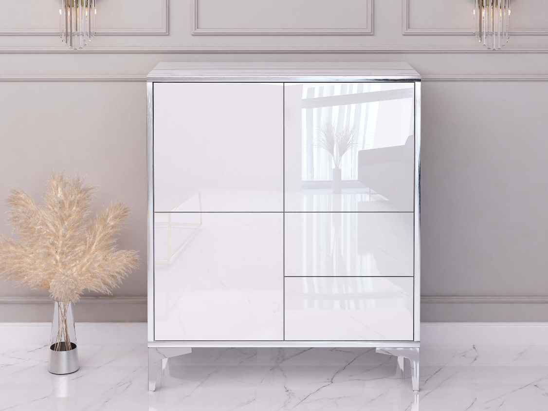 Cassettiera Monako 80cm Bianco lucido con gambe argentate