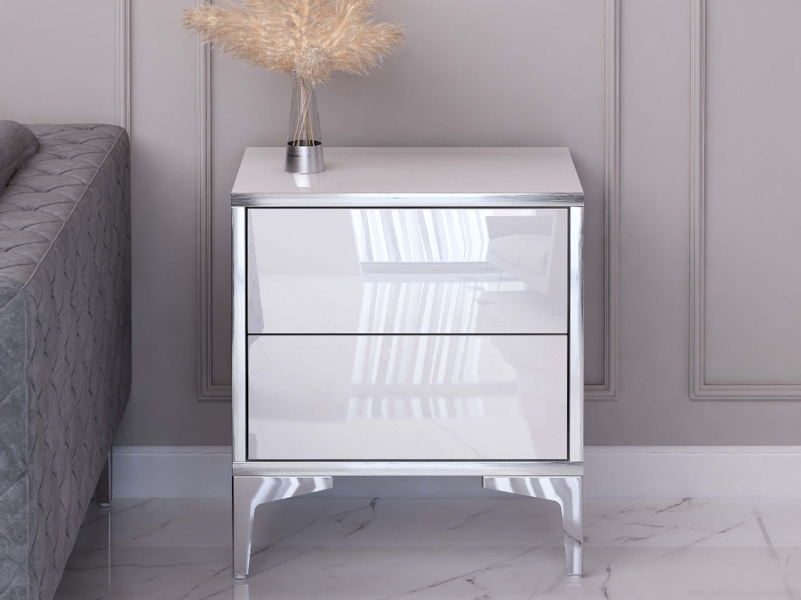 Comodino Monako 45cm Bianco lucido con gambe argentate