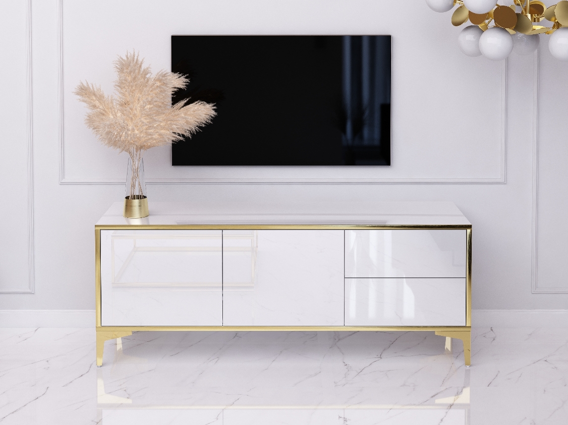 TV-Cabina Monako 136cm Bianco lucido con gambe dorate