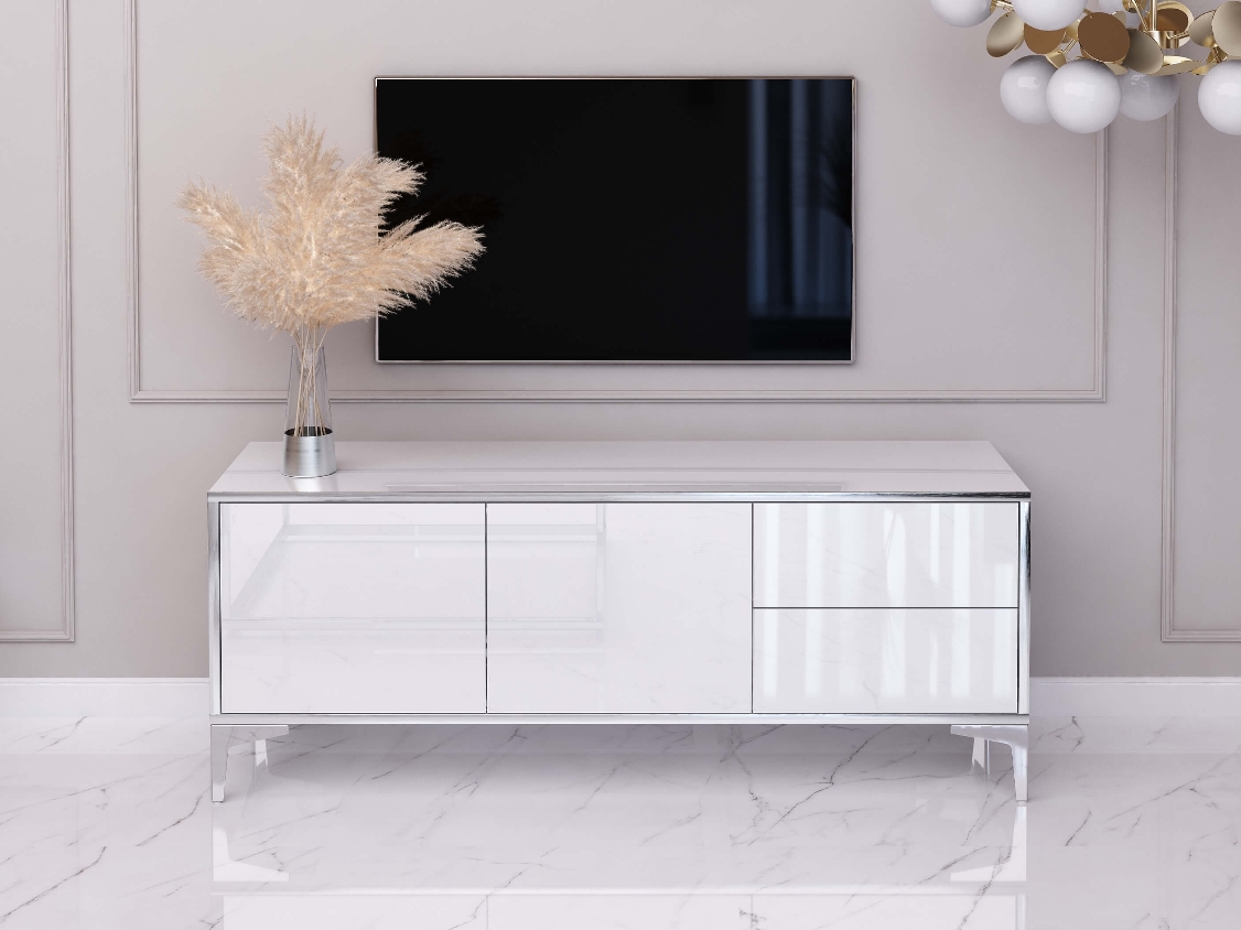 TV-Cabina Monako 136cm Bianco lucido con gambe argentate