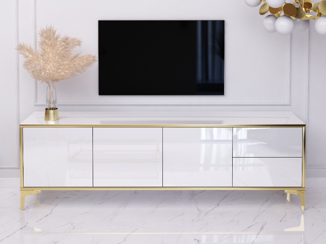 TV-Cabina Monako 180cm Bianco lucido con gambe dorate