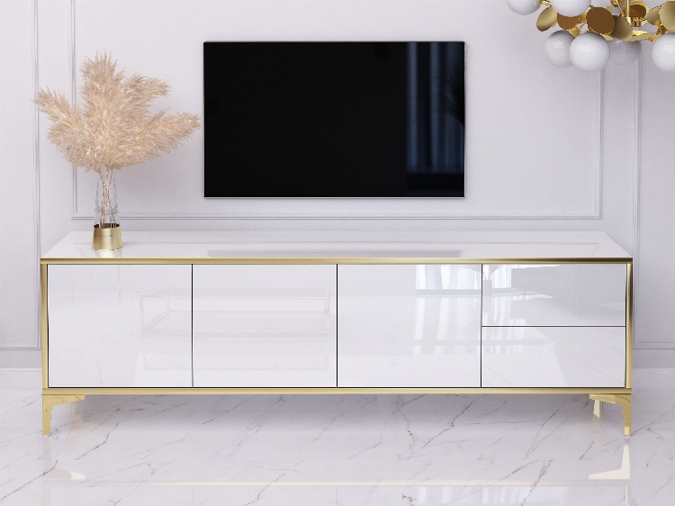 TV-Cabina Monako 180cm Bianco lucido con gambe dorate