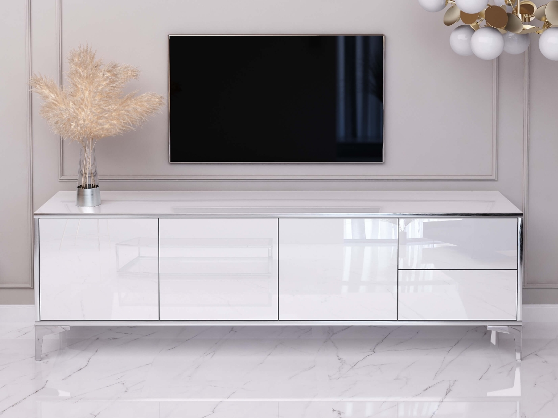 TV-Cabina Monako 180cm Bianco lucido con gambe argentate