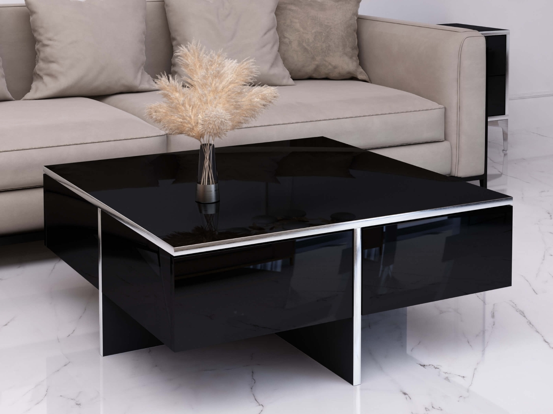 Tavolino Monako 80cm Nero lucido con gambe argentate
