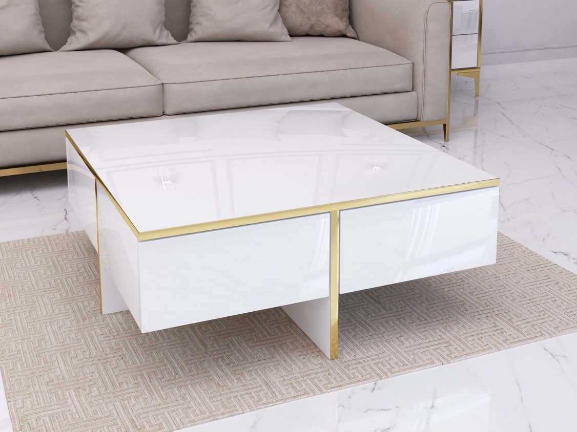 Tavolino Monako 80cm Bianco lucido con gambe dorate